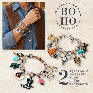 Western Boho Stackable Cowgirl Charm Bracelets Silver Gold Natural Stones NEW